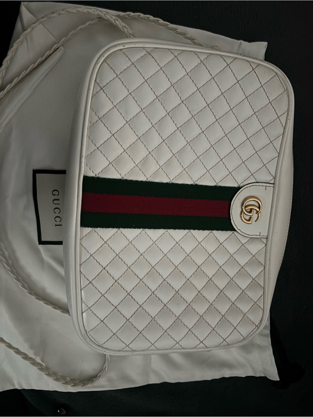 Gucci White Quilted Leather Crossbody with Green and Red Web